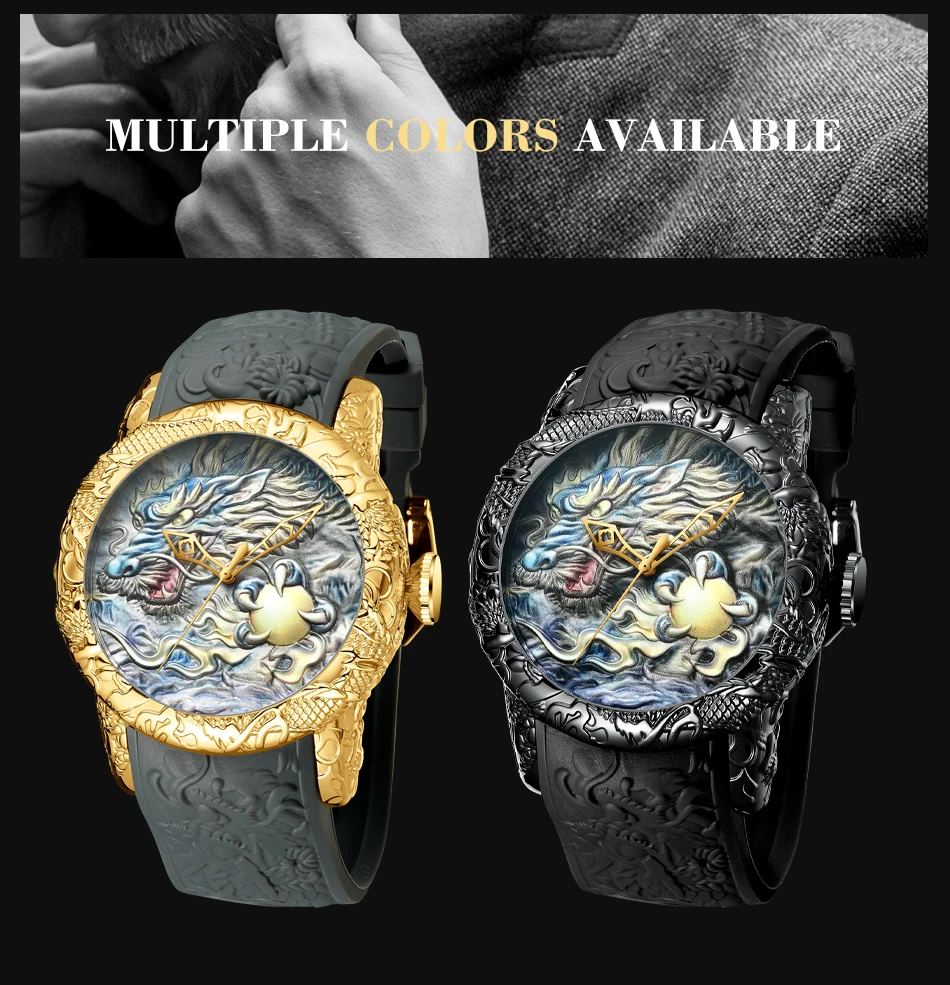 BIDEN Gold Dragon Sculpture Quartz Wrist Watches For Men Waterproof Silicone Strap Quartz Wristwatch Male Clock Relojes Hombre