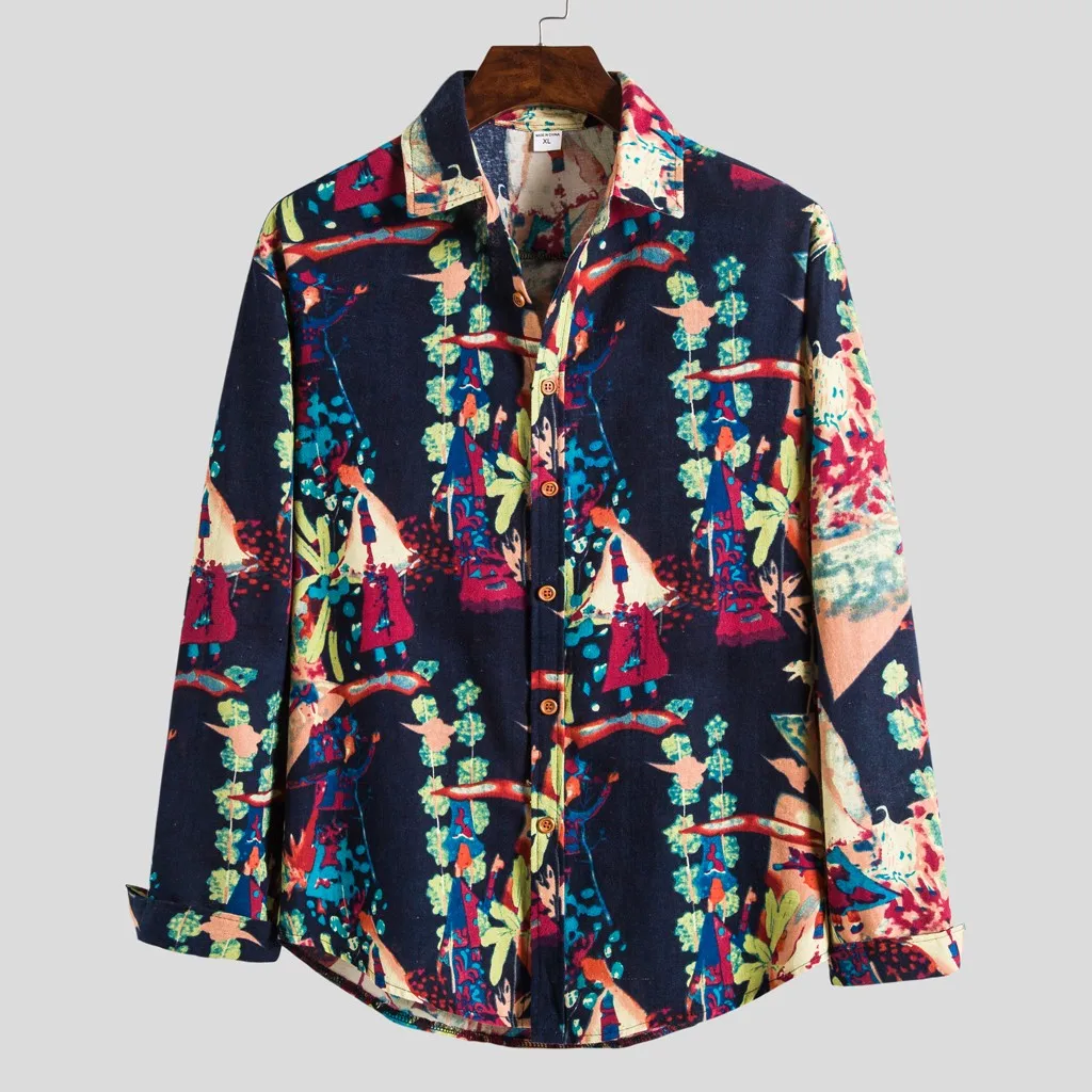 KANCOOLD Shirts Mens Fashion Hip Hop Linen Hawaiian Shirt Button Long Sleeve Casual Loose Printing Blouse camisas para hombre | Мужская