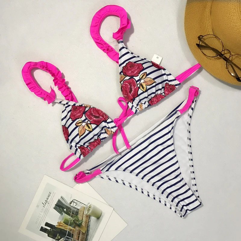 

Sexy Striped Print Women Bikini Ruffled Swimwear Women Two Piece Swimsuit Push Up Triangle Bikini Set Swimming Beachwear Biquini