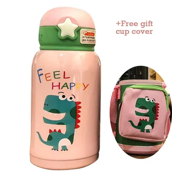 

Dinosaur children's straw cup with cup cover student two water cup stainless steel vacuum mug portable children outdoor kettle