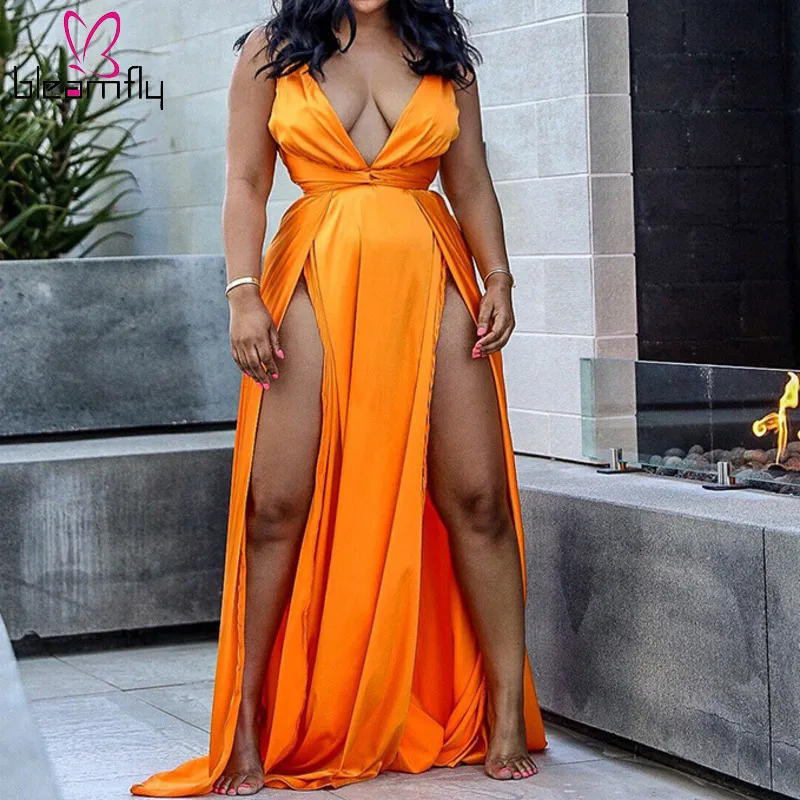 

Sexy Women Satin Dress Spaghetti Strap Deep V-neck Backless High Split A-line Maxi Dresses Summer Party Club Luxury Long Vestido