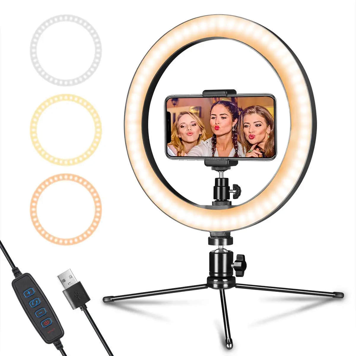 

LED ring light 10" with tripod stand and mobile phone holder, dimmable, 3 light modes and 10 brightness levels