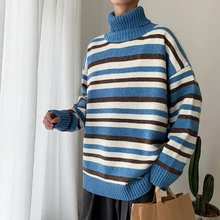Winter High Collar Sweater Men Warm Fashion Sweter Contrast Color Casual Striped Knit Sweaters Man Long Sleeve Pullover Men Winter High Collar Sweater Men Warm Fashion Sweter Contrast Color Casual Striped Knit Sweaters Man Long Sleeve Pullover Men