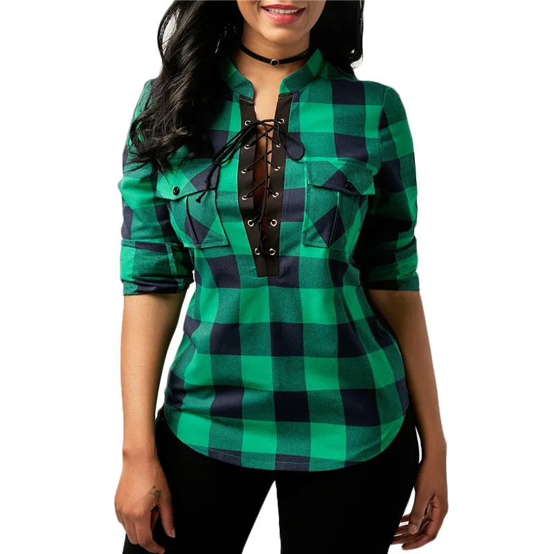 

Plus Size Tops Sexy Women's Lace Plaid Long Sleeve Ladies Shirt Harajuku Shirts Women 2018 Casual Hollow Out Boho