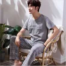 Весенне-летние пижамы, мужские повседневные клетчатые Пижамные комплекты, Мужской Хлопковый пижамный комплект, Мужская футболка с коротким рукавом и круглым воротником и штаны