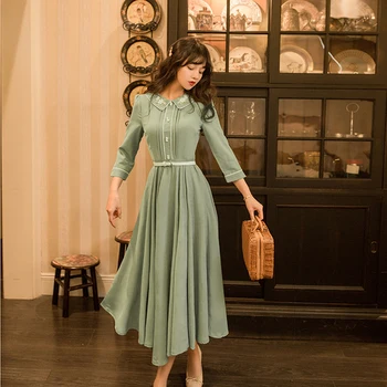 

Flower Embroidery Retro High Quality Elegant Peter Pan Collar Three-quarter Sleeve Woman Long Dress Autumn New Arrival
