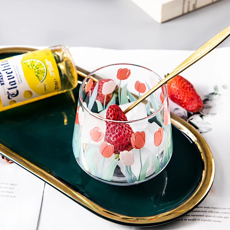 

Hot Japan and South Korea Ins Hand-painted Tulip Flower Glass Cup 390ML Multi-Purpose Transparent Beer Whisky Milk Glass Cup New
