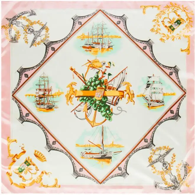 90*90cm Luxury Brand Women Silk Scarfs Sailing Boat Design Square Scarves Spring Summer Shawls For Ladies 3