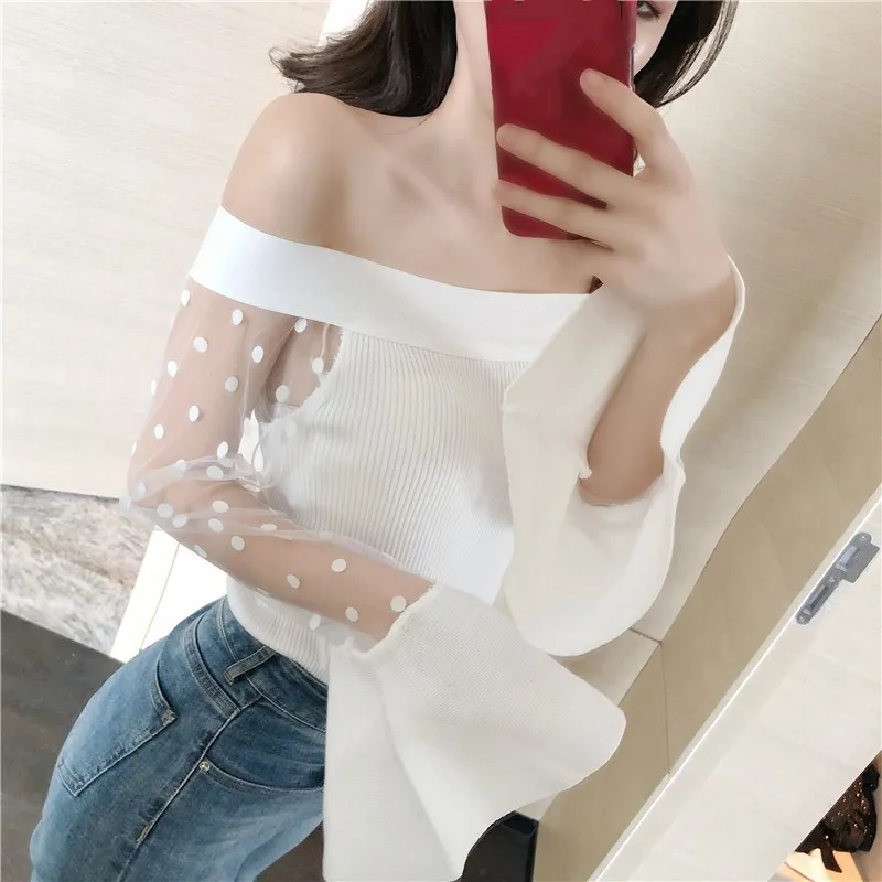 WHITNEY WANG Autumn Fashion Streetwear Sexy Slash neck See Through Mesh Patchwork Knitted Slim Tops Women t shirt