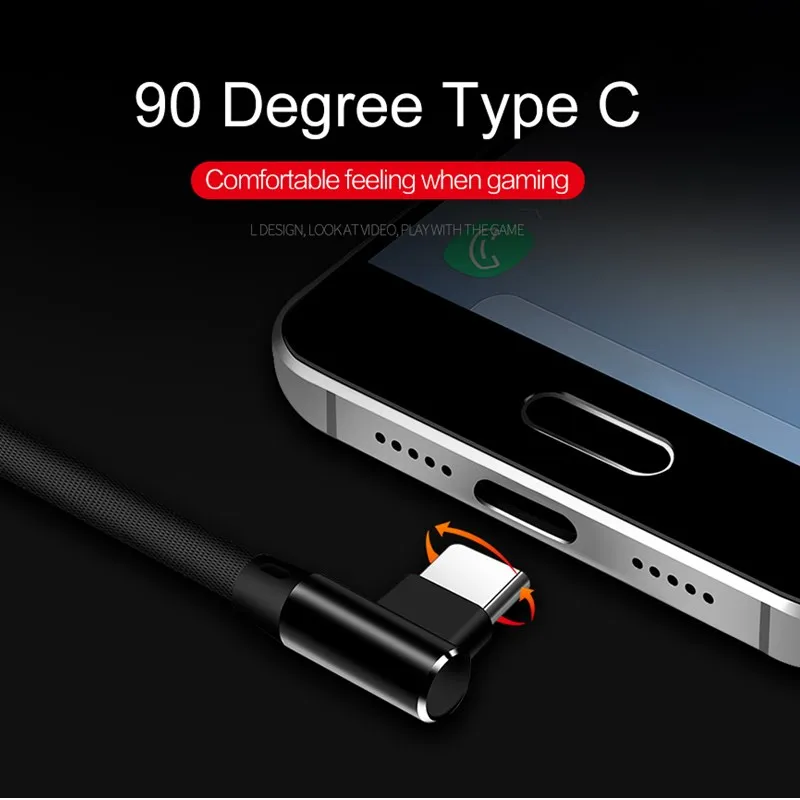 Плетеный 90 градусов под прямым углом type C/IOS/Micro USB кабель для быстрой синхронизации данных для iPhone Samsung Galaxy Note 10 Plus J5 J7