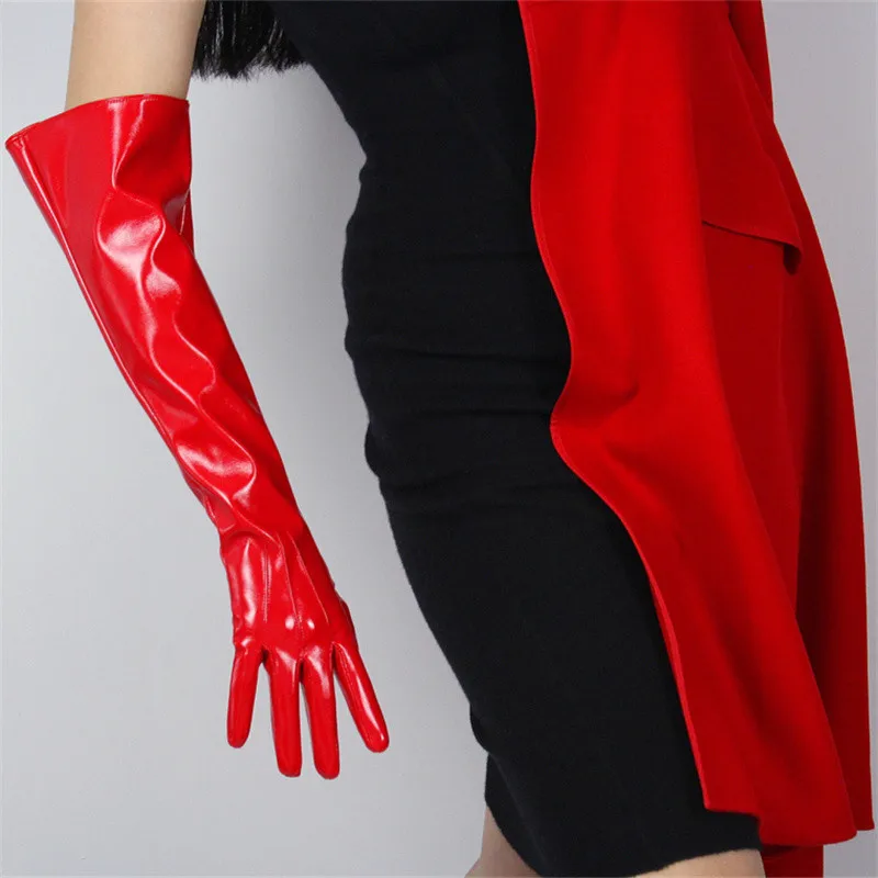 leather red Длинные перчатки из лакированной кожи 50 см, рукава-фонарики, рукава из имитации кожи, зеркальные Яркие кожаные золотые мужские и женские DL-J1 - Цвет: leather red