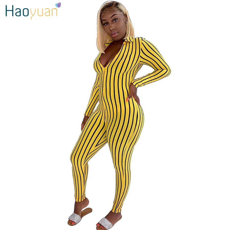 HAOYUAN сексуальный полосатый комбинезон женский спортивный костюм осень румпель тело сплошной комбинезон наряд с длинным рукавом Облегающий комбинезон - Цвет: yellow