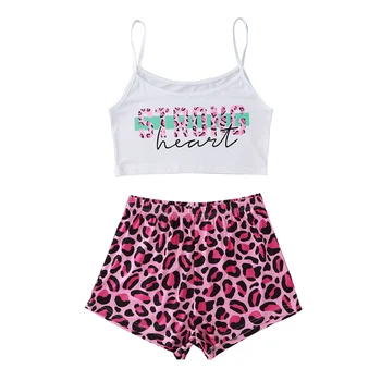 

2020 Fashion Women Leopard Print Home Clothes Letter Print Camisoles+Pink Leopard Shorts Female Summer Pajama Set 2pcs Sleepwear