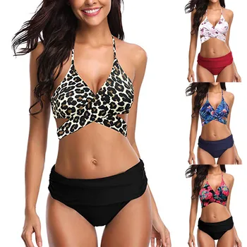 

Cross Bandaged 2020 bikini set high waist Summer Bathing suit print bikini push up Beach swimwear women Halter swimsuit tankini%