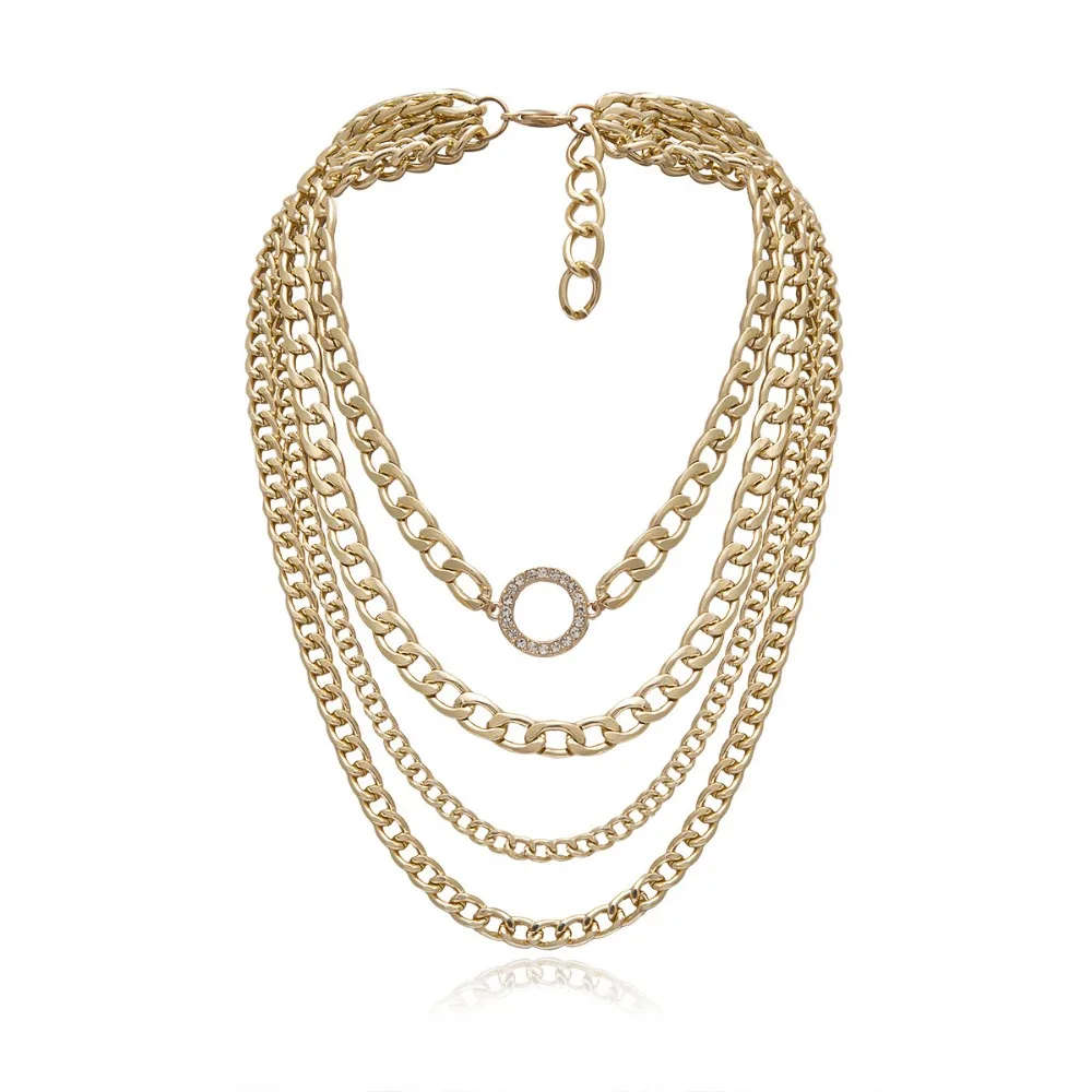 KMVEXO Vintage Punk Multilayer Lock Chains Chokers Gold Silver Round Crystal Long Chain Necklaces For Women Party Jewelry