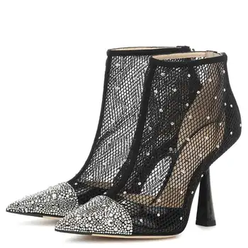 

New openwork mesh high heel stiletto with rhinestone zipper and ankle boots pointed booties women