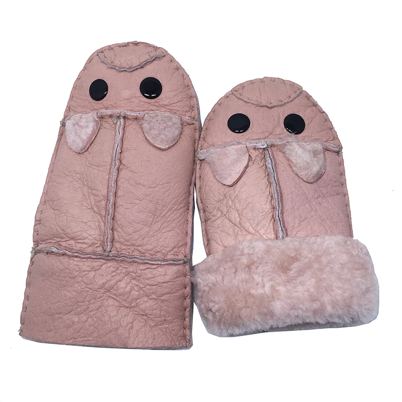 Детские зимние перчатки с милым мультяшным мехом, кожаные перчатки из овчины, зимние перчатки, детские варежки