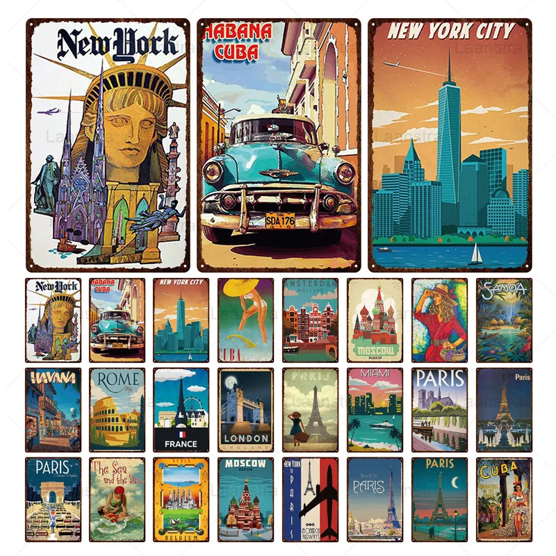 

Wall Art Iron Decoration Plaque International City New & York & Paris & Moscow & London Retro Metal Tin Signs Cafe Bar Home Deco