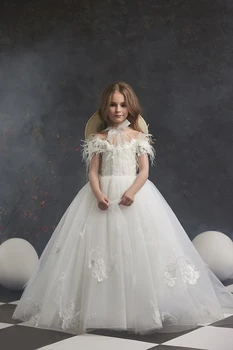 

New Fur Flower Girls Dresses Lace Appliques Short Sleeves A Line Princess Girls Formal Prom Dress Floor Length