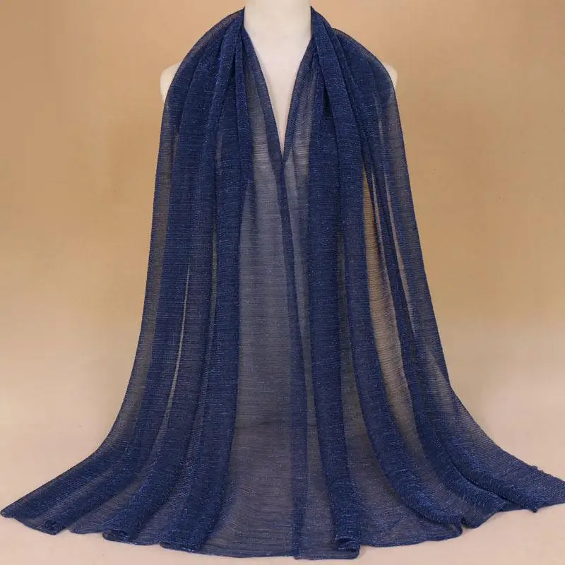 Мусульманские женщины Блестящий хиджаб плиссированный длинный шарф шаль шарфы морщинки Блестящий головной убор большой исламский палантин Мода 200* 75C - Цвет: Тёмно-синий
