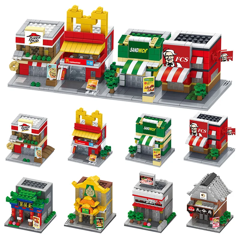 

City Mini Street Scene Building Blocks Sets DIY Retail Store Block Children Assemble Pizza Coffee Shop Bricks Toys For Children