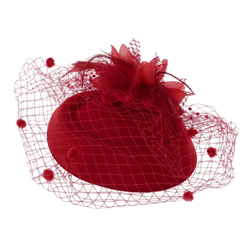 Вуалетки заколка для волос повязка на голову Pillbox шляпа котелок перо вуаль Свадебная вечеринка Новинка - Цвет: Красный