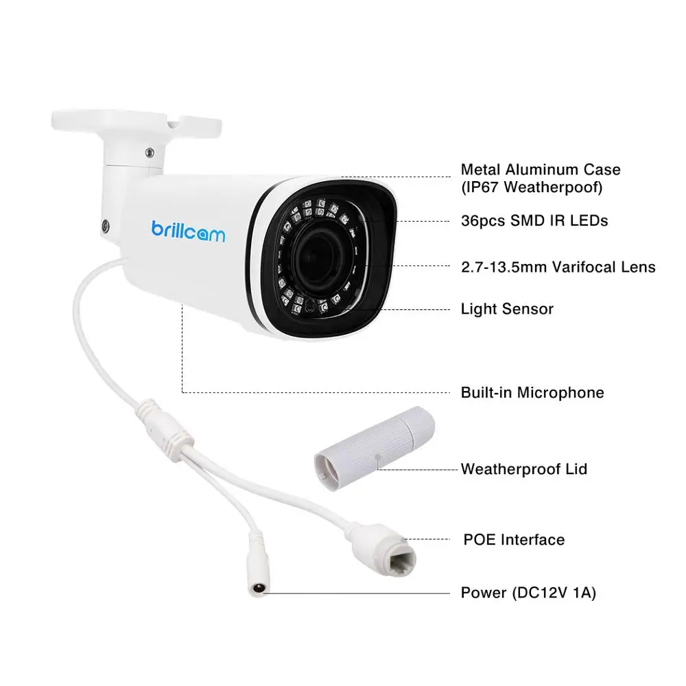 Brillcam 4MP HD IR Bullet IP камера с 5X 2 7 13 5 мм Len PoE IP67 всепогодный AI Встроенный микрофон