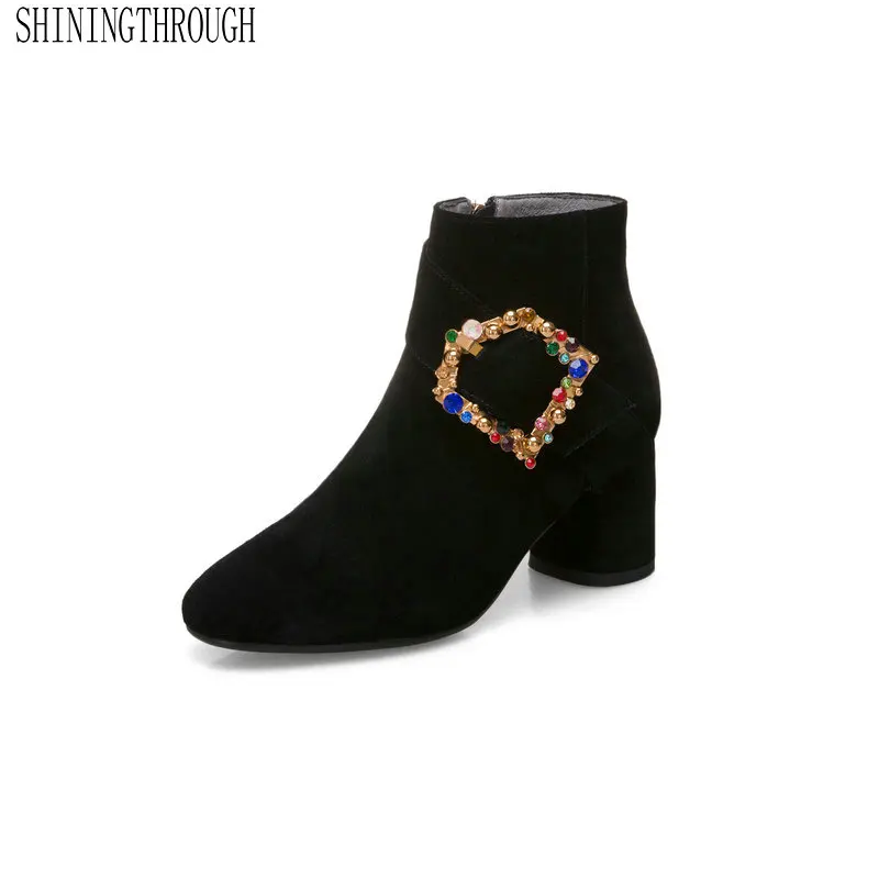 

2020 Women Ankle Boots Zipper Square high Heel Round Toe Black Fashion Concise Flock Women Ankle Boots Size 34-43