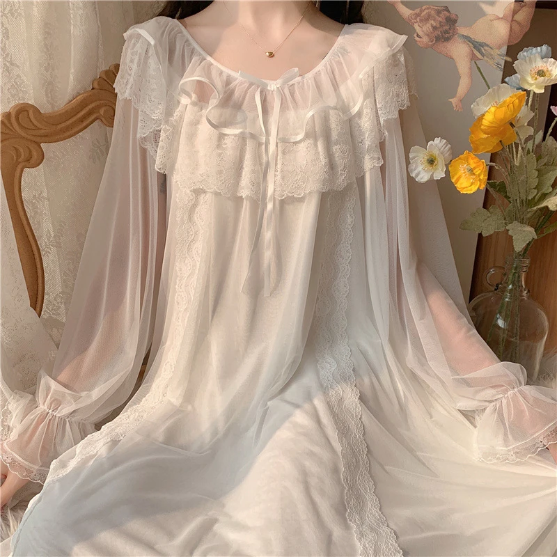 sheer white long sleeve dress sleepwear Anna-Kaci Women's 2-Piece Set Smooth Sleepwear Slip Dress with Sheer Lace Long Robe Open Front Nightgown Set, XL 16-18 / White