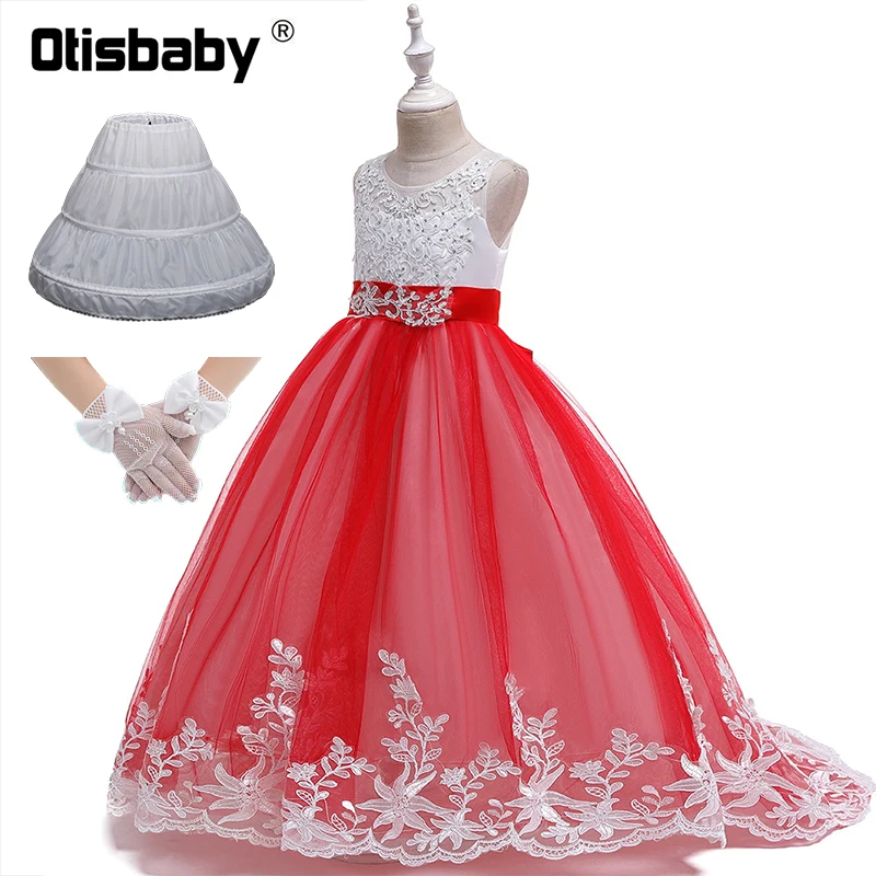 Рождественское кружевное вечернее платье без рукавов с цветочным узором для девочек; детское платье для девочек; длинное платье для дня рождения; платье для причастия - Цвет: Red Set B