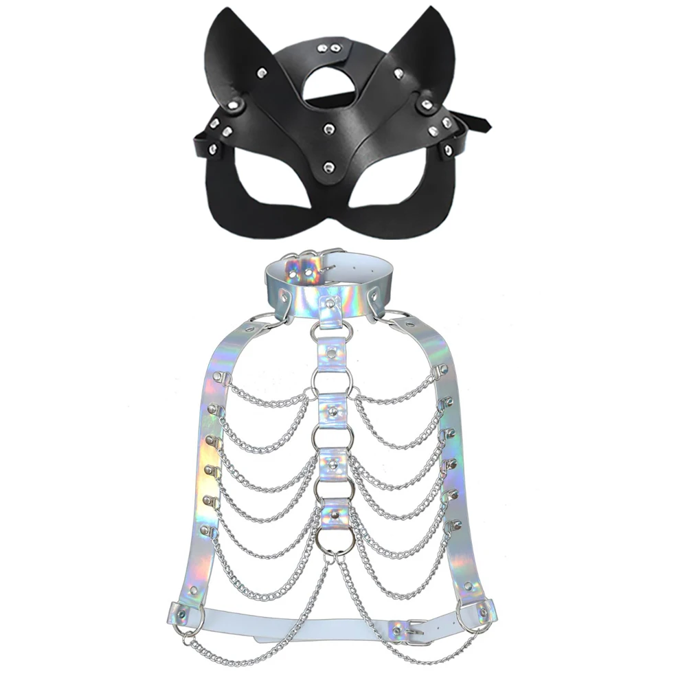 

Mask and Harajuku Ladies Leather Bright Sling Body Chain Fashion Laser Reflector Tfringe Chain Adjustable Chest Sling