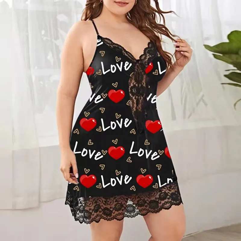 Women Underwear Sling Nightdress Sexy Lingerie Nightie Sleepwear Printing Satin Sleep Nightgowns Plus Size