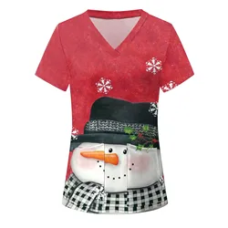 Plus Size Christmas Nurse Uniform Scrubs Women Short Sleeve V-neck Tops Working Uniform Cartoon Print Blouse Nurse Accessories