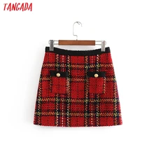 Tangada Мода Женские клетчатые красные мини пуговицы для юбки на молнии английский стиль ретро офисные женские мини юбки faldas mujer 3H27
