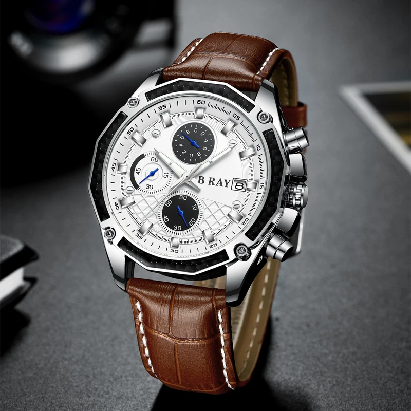 B RAY 9005, мужские часы, водонепроницаемые, Топ бренд, Роскошные, с календарем, модные мужские часы, кожа, спортивные, военные, мужские наручные часы, Прямая поставка