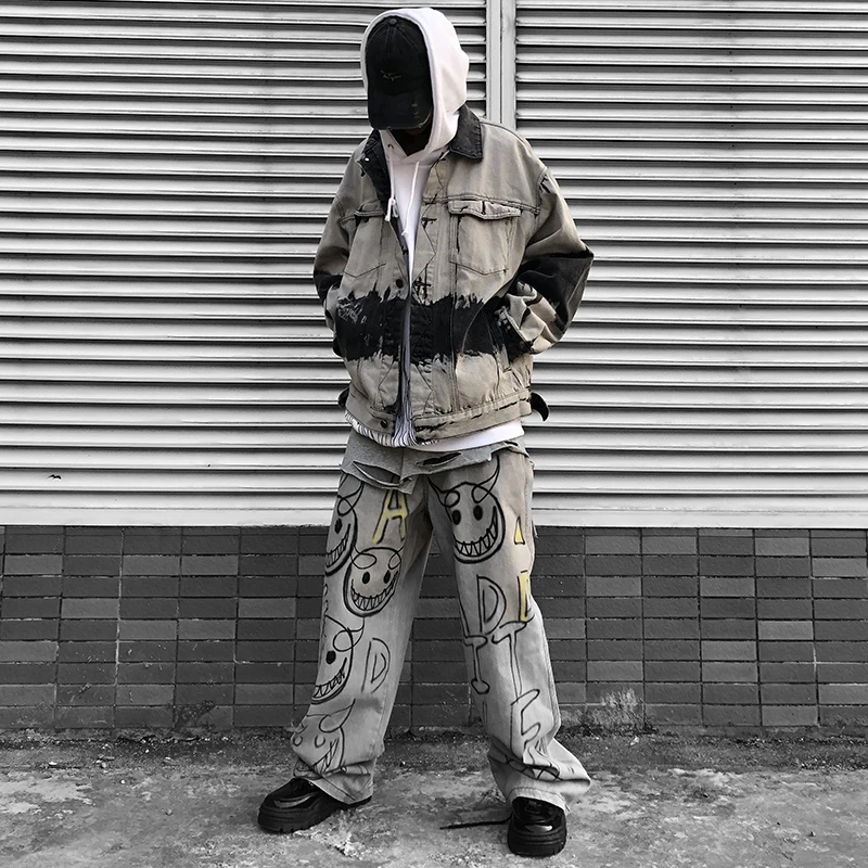 ABOORUN Fashion Men's Tie Dye Hip Hop Denim Jacket Oversized Streetwear Blue Jeans Jacket for Male R2981
