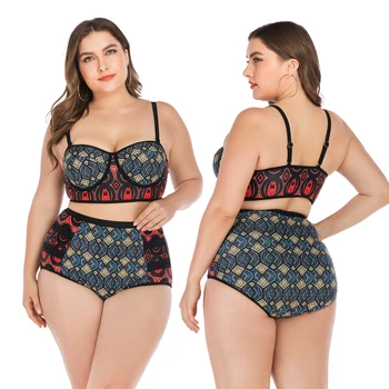 

High Quality Plus Size Bikin Set Geometric Patchwork Swimwear Women Sexy Two-Piece Bordered Print Swimsuit Bathing Swimming Suit