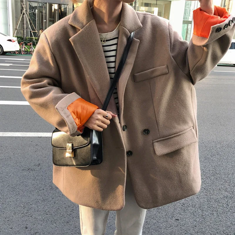 Chic2019 популярное шерстяное пальто женская осенняя и зимняя одежда стиль средней длины свободный крой отложной воротник контрастный цвет