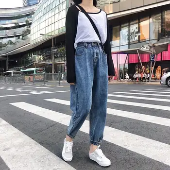 

Women Simple Harem Jeans Solid Pockets High Waist Denim Pants Large Size Loose Trousers