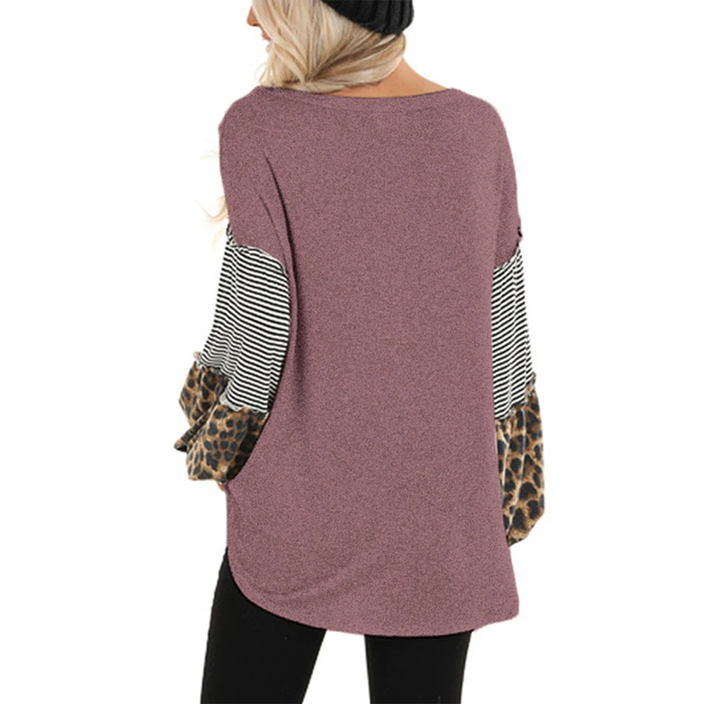 Kureas Women's T Shirt Long Puff Sleeve Casual T-Shirts Fashion Leopard Striped Patchwork Knitted Female Tops Autumn Winter