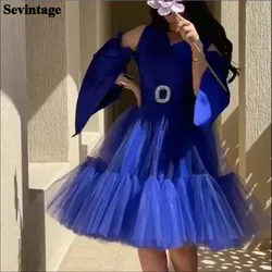 Sevintage Royal Blue Satin Tulle Saudi Arabia Prom Dresses Long Sleeves Midi Formal Party Gowns A Line Dubai Women Evening Dress