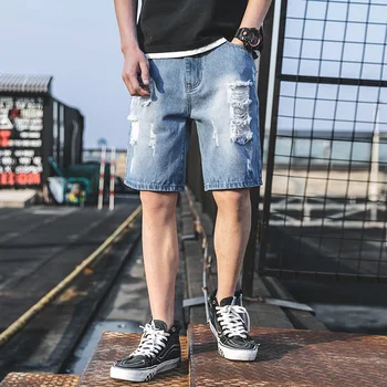 

2020 Men 3 Colors Summer Hole Jeans Shorts Men's Oversize Cotton Casual Shorts Male Hip Hop Korean Knee Length Denim Shorts
