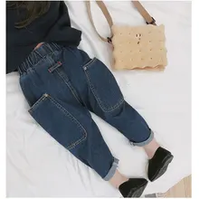 Мужские и женские джинсы с диагональным карманом для девочек; Детские обтягивающие брюки; весенняя одежда; новая стильная детская одежда; 19