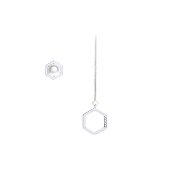 

S925 Sterling Silver Hexagonal Pearl Asymmetric Earrings Ladies Temperament Ear Line Simple Earrings