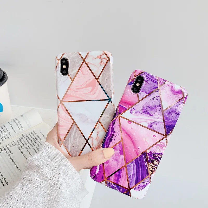 

Geometric Marble Texture Phone Cases For iPhone XR XS Max 6 6S 7 8 Plus X Soft IMD Electroplated Back Cover Coque Gift