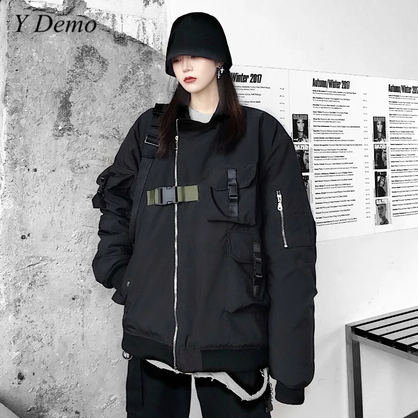 Кибер-панк Techwear куртка на молнии свободные пряжка с карманом Для женщин Рок черная верхняя одежда