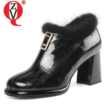 

ZVQ spring new fashion work women pumps outside high heels square toe genuine leather zip plus size women shoes drop shipping