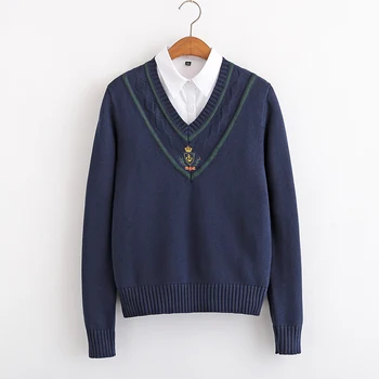 

Winter Boat Anchor badge Embroidery V-neck Sweater College style Teen Girls Long sleeve Pullover Tops Harajuku JK School uniform