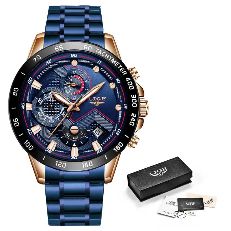 Мужские часы, новинка, LIGE, топ класса люкс, брендовые, бизнес, синие, нержавеющая сталь, кварцевые часы, мужские, повседневные, водонепроницаемые, с хронографом - Цвет: Rose gold blue