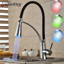 Saeuwtowy Chrome LED Kitchen Faucet with Black Hose one Handle one 2 Water ways Deck Mounted Sink Mixer Tap
